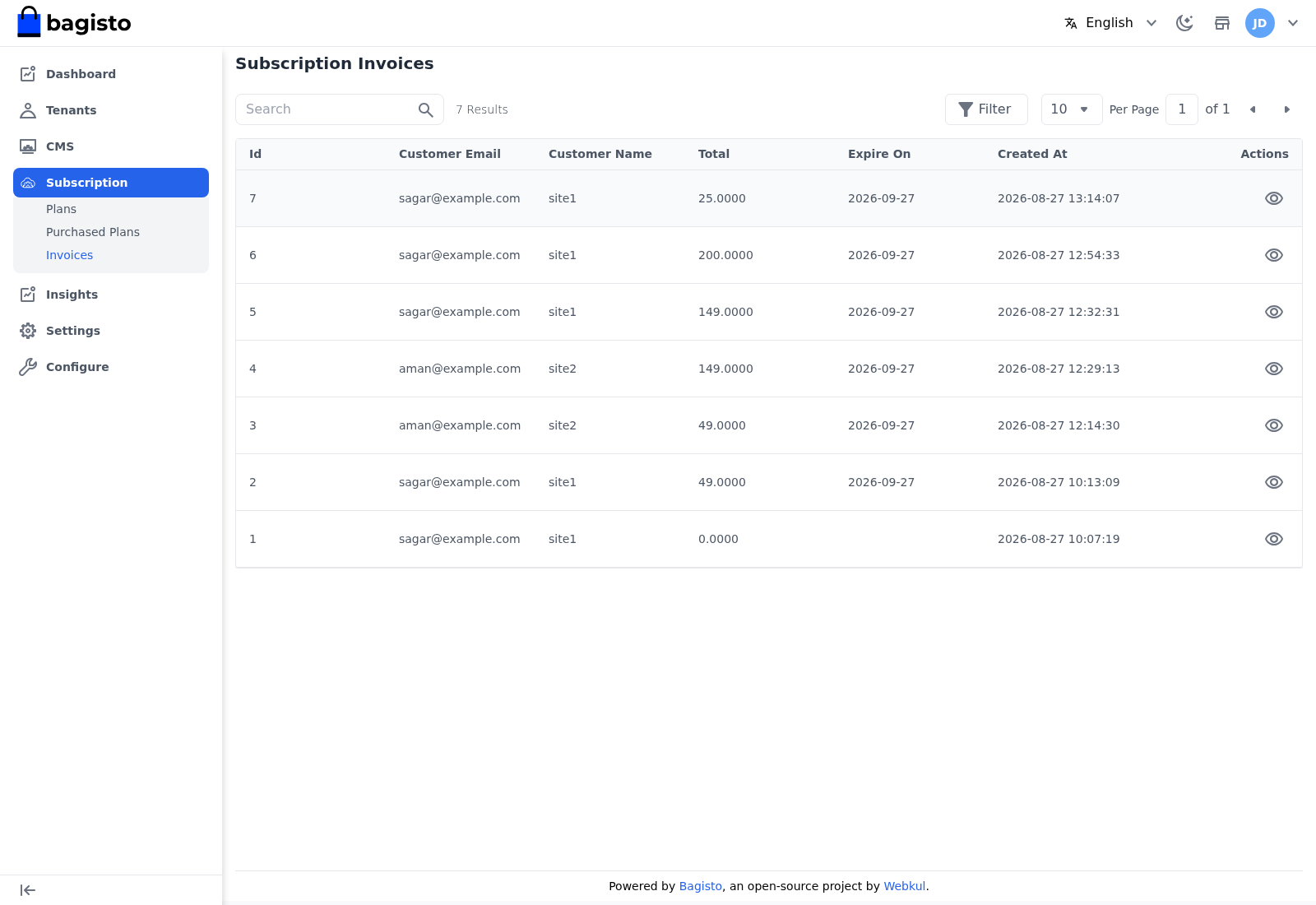 Subscription invoices