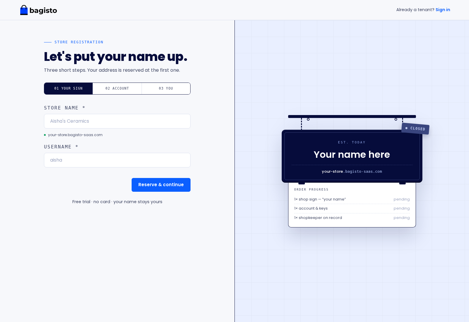 Registration step 1 — store name and username