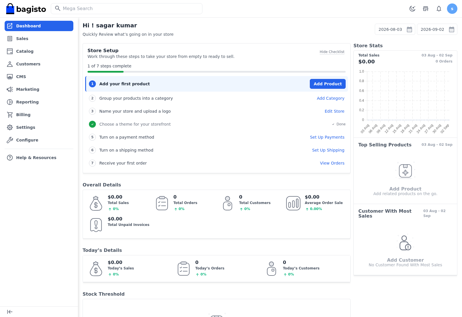 Tenant admin dashboard with store setup checklist