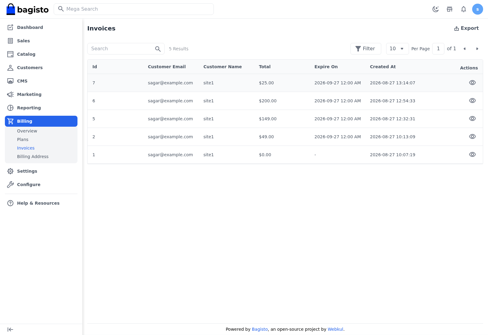 Tenant subscription invoices