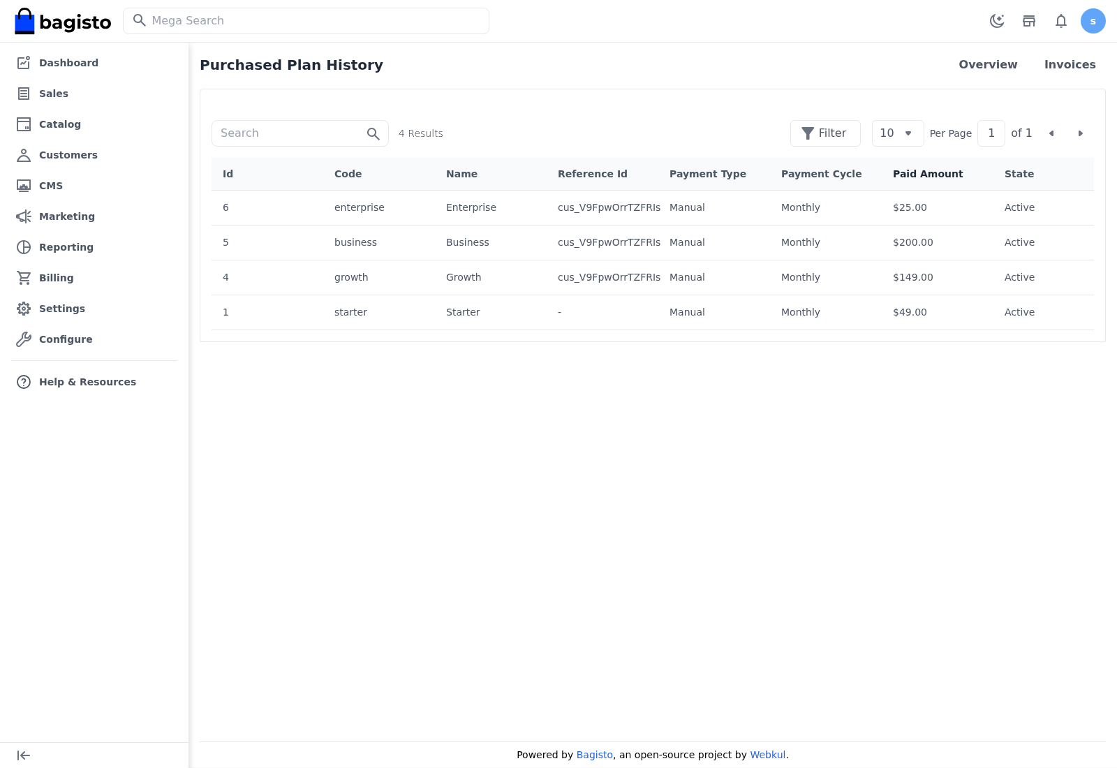 Purchased plan history