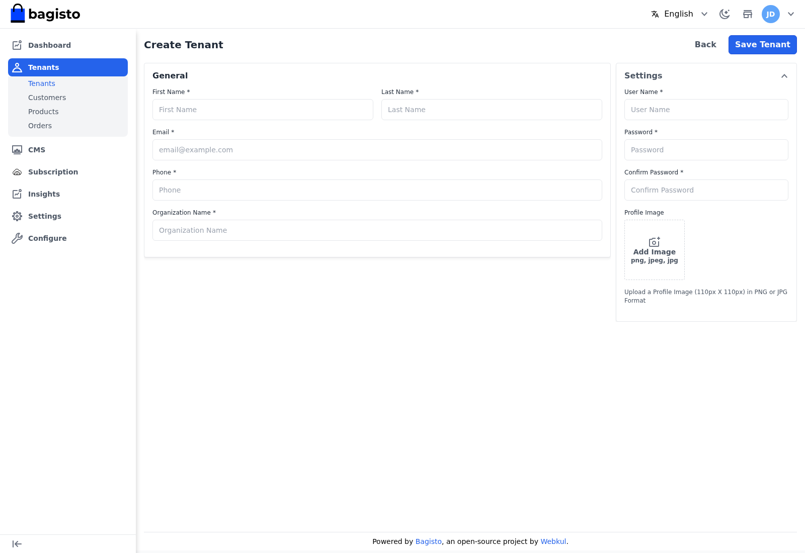 Create Tenant form